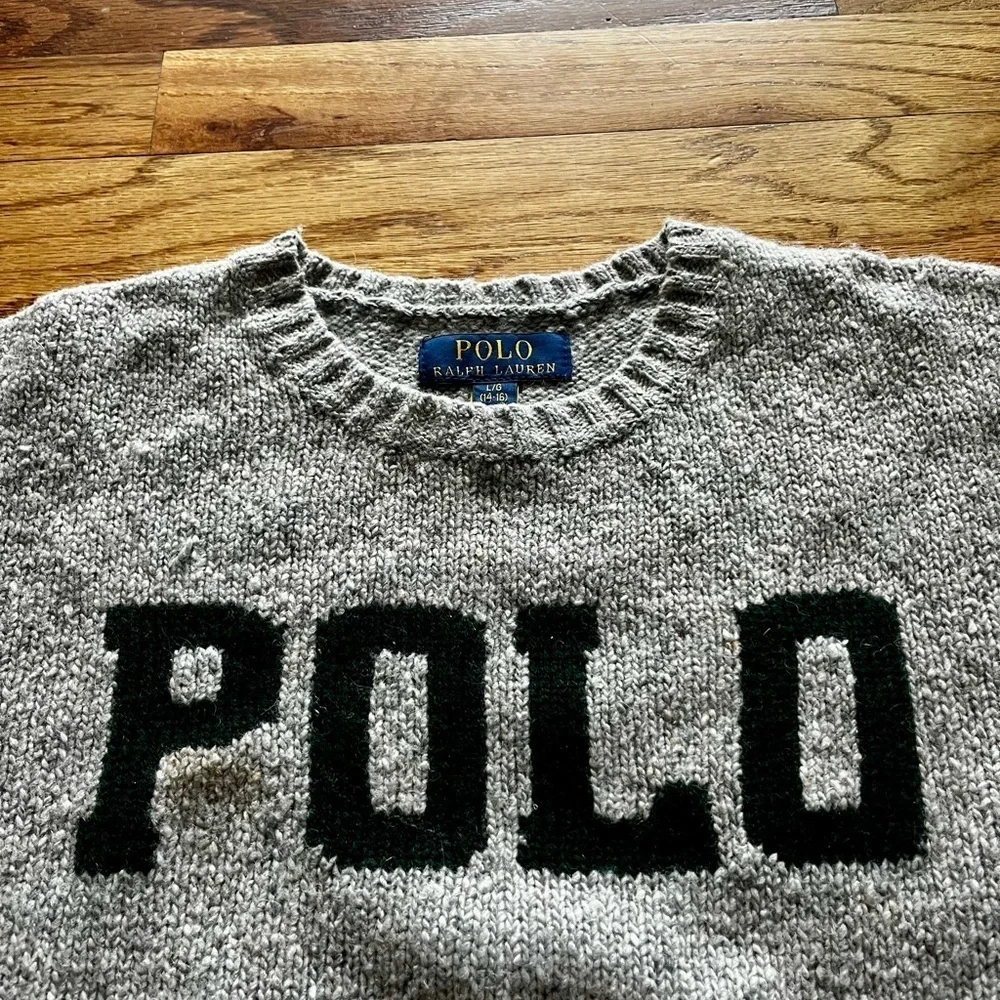 Polo RL sweater - Unisex Kids Large - Gray with Polo in hunter green